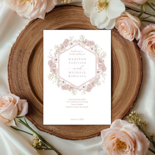 Blush Pink Wildblume Eleganter QR Code Hochzeit Einladung