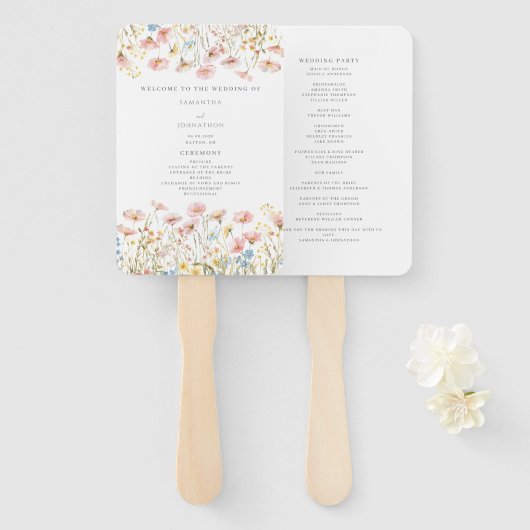 Blush Pink Wildblume Hochzeitsprogramm Hand Fan Fächer (Vorne und Hinten)