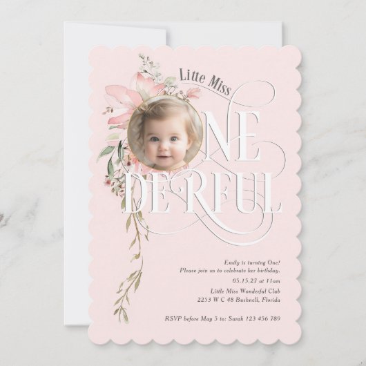 Blush Pink Wildblume Kleine Miss Onederful Foto Einladung (Vorderseite)