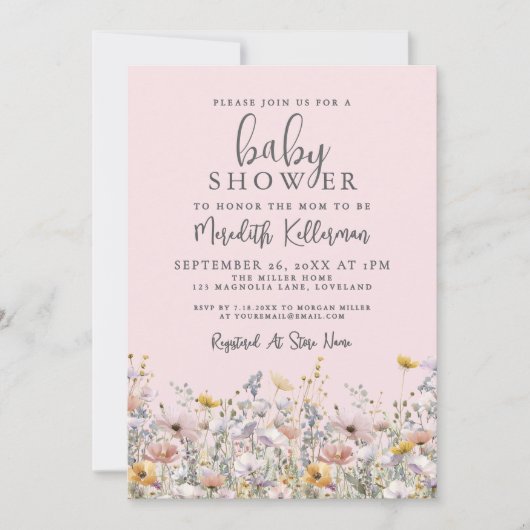 Blush Pink Wildflower Baby Shower Einladung (Vorderseite)
