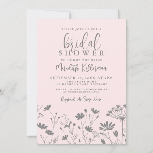 Blush Pink Wildflower Bridal Shower Einladung (Vorderseite)