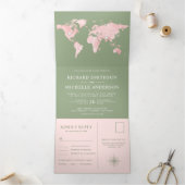 Blush Pink World Map Grün auf einer Hochzeit Dreifach Gefaltete Einladung (Innenseite)