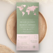 Blush Pink World Map Grün auf einer Hochzeit Dreifach Gefaltete Einladung