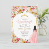 Blush Pink & Yellow Lush Floral & Gown Quinceanera Einladung (Stehend Vorderseite)