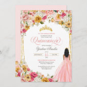 Blush Pink & Yellow Lush Floral & Gown Quinceanera Einladung (Vorne/Hinten)
