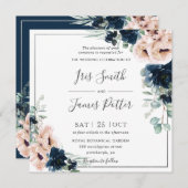 Blush Poppy Navy Blue Rose Blumengrün Hochzeit Einladung (Vorne/Hinten)