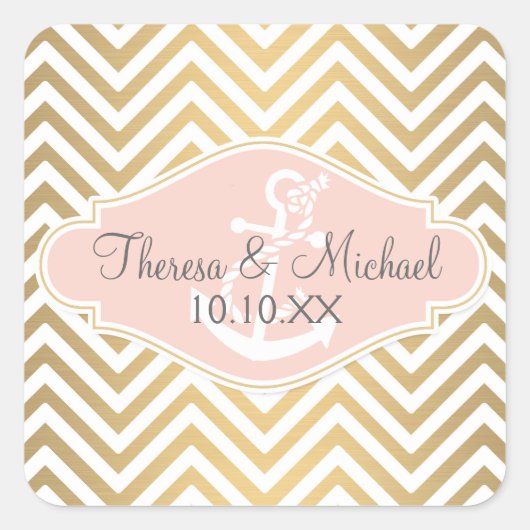 Blush Preppy Zickzack Strip Moderner Nautical Anke Quadratischer Aufkleber (Vorderseite)