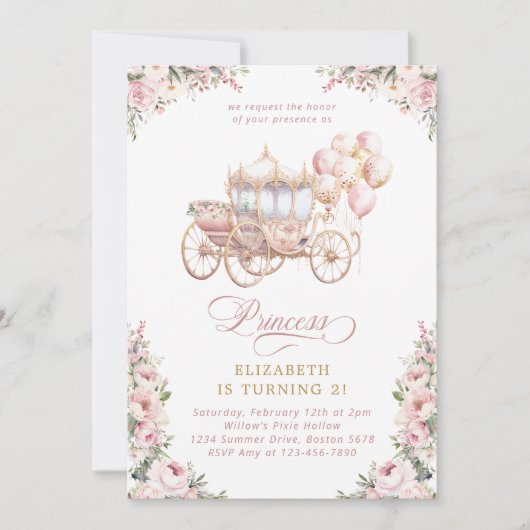 Blush Princess Carriage Fairytale Birthday Party Einladung (Vorderseite)