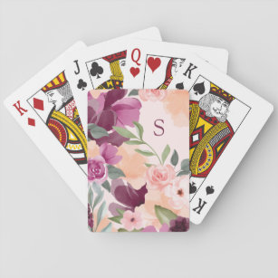 Blush & Purple Violet Watercolor Floral Monogram Spielkarten
