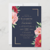 Blush Red Floral Navy Blue Gold Hochzeit Einladung (Vorderseite)