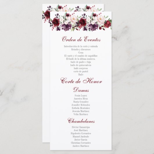 Blush Red Floral Quinceañera Programm (Vorne/Hinten)