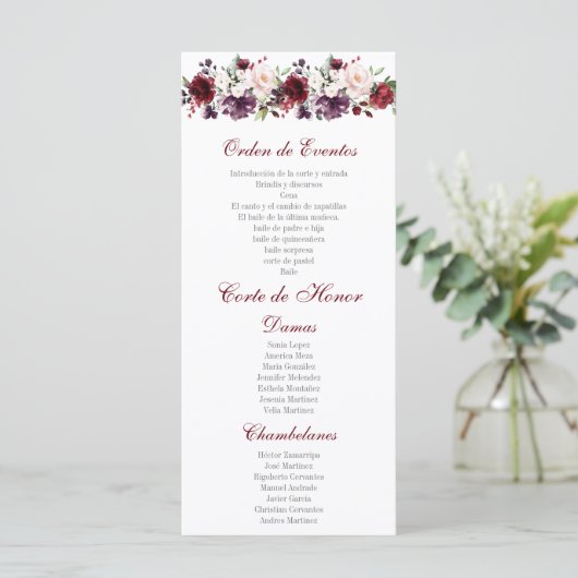Blush Red Floral Quinceañera Programm (Stehend Vorderseite)