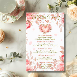 Blush Rococo Floral Heart Galentine Brunch Menu Einladung