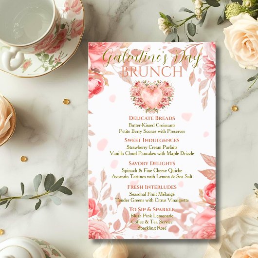 Blush Rococo Floral Heart Galentine Brunch Menu Einladung