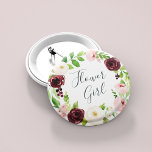 Blush Romance Flower Girl Button<br><div class="desc">Identifizieren Sie die Hauptakteure in Ihrem Brautparty mit unseren eleganten,  süß-schicken Blumenknöpfen. Button zeigt einen blütenrosa und bordeauxfarbenen Marsala Aquarellblumenkranz mit "Blume Girl" in handgeschriebenem Skript.</div>