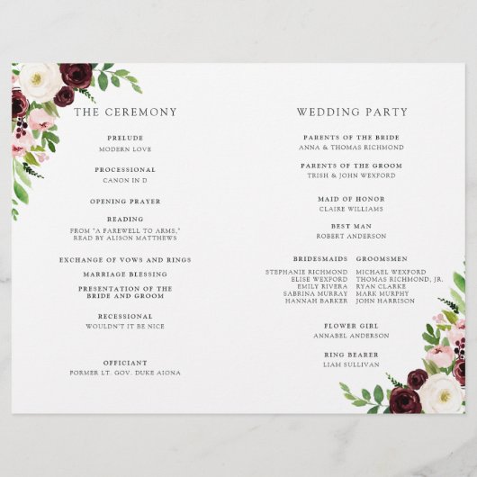 Blush Romance Folded Wedding Programm (Rückseite)