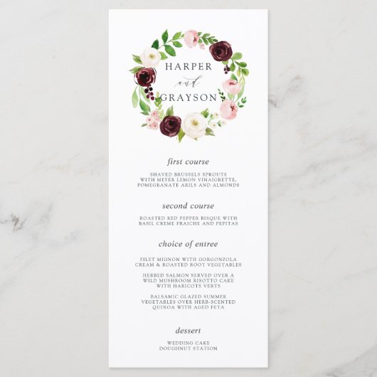 Blush Romance Wedding Menu Card Menükarte (Vorderseite)