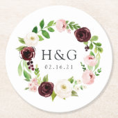 Blush Romance Wedding Monogram & Date Runder Pappuntersetzer (Vorderseite)