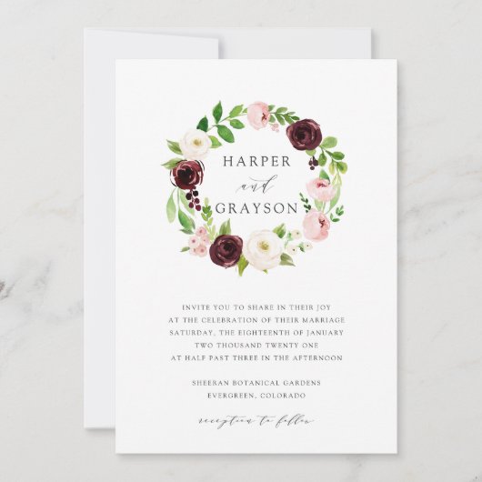 Blush Romance Wreath Wedding Einladung (Vorderseite)