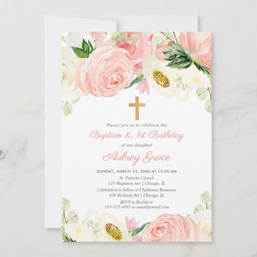 Blush rosa Blütenblütentaufe 1. Geburtstag Einladung (Vorderseite)