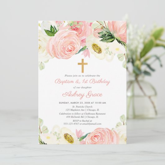 Blush rosa Blütenblütentaufe 1. Geburtstag Einladung (Stehend Vorderseite)