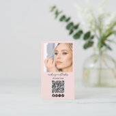 Blush-Rosa-Skript-Logo-QR-Code-Foto-Makeup Visitenkarte (Stehend Vorderseite)