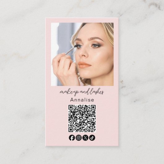 Blush-Rosa-Skript-Logo-QR-Code-Foto-Makeup Visitenkarte (Vorderseite)