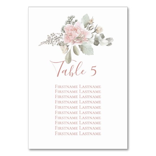 Blush Rose Bloral staubige Rose Hochzeitskarte Tischnummer (Rückseite)