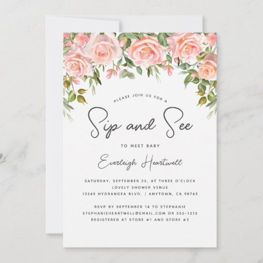 Blush Rose Blumengrün Sip und Babydusche Einladung (Vorderseite)