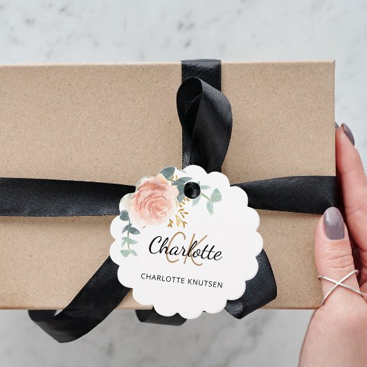 Blush Rose Blumenmonogramm Name Brautparty Geschenkanhänger