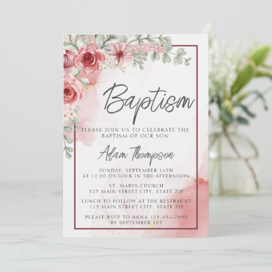 Blush Rose Blumenwasser Taufe Feier Einladung (Stehend Vorderseite)
