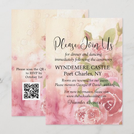 Blush-Rose Botanischer QR-Code Hochzeit Begleitkarte (Vorne/Hinten)