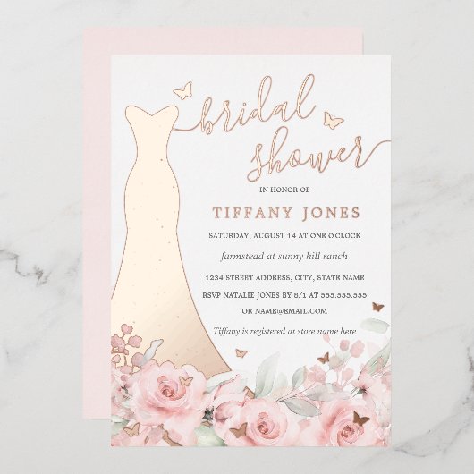 Blush Rose Dress Rose Gold Brautparty Folieneinladung (Vorderseite/Rückseite)