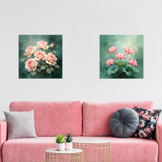 Blush Rose Elegance on Deep Jade Bilderwand Sets (Wohnzimmer)
