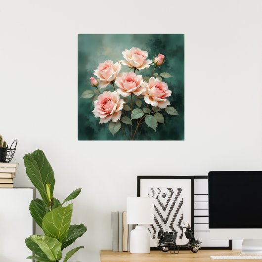 Blush Rose Elegance on Deep Jade Poster (Heimbüro)