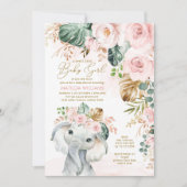 Blush Rose Elephant Sweet Baby Girl Babydusche Einladung (Vorderseite)