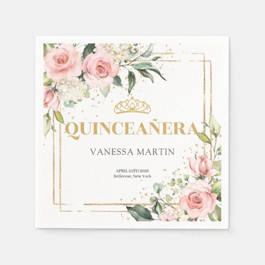 Blush Rose Eukalyptus gold tiara 15. Geburtstag Serviette (Vorderseite)