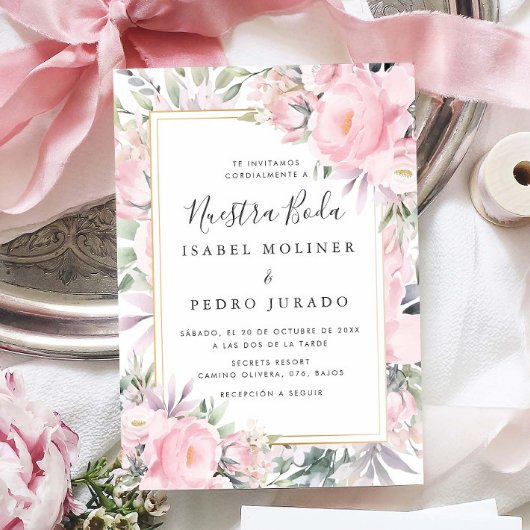 Blush Rose Floral Nuestra Boda Hochzeit Einladung