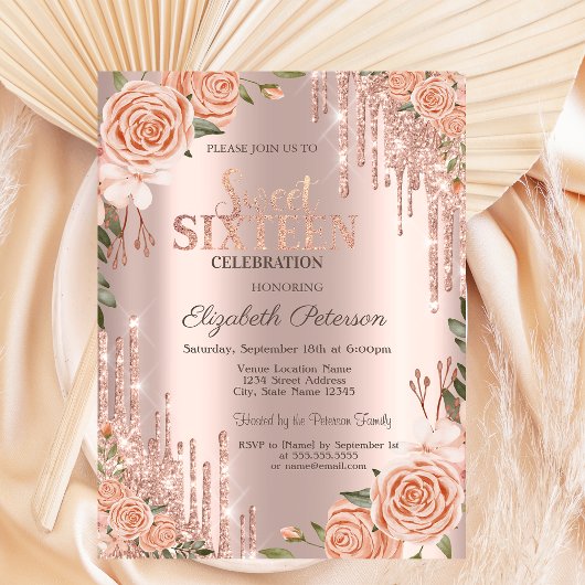 Blush Rose Glitzer Tropfen Rose Gold Sweet 16 Einladung