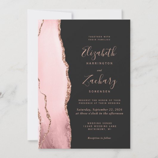 Blush Rose Gold Agate Dark QR Code Wedding Einladung (Vorderseite)