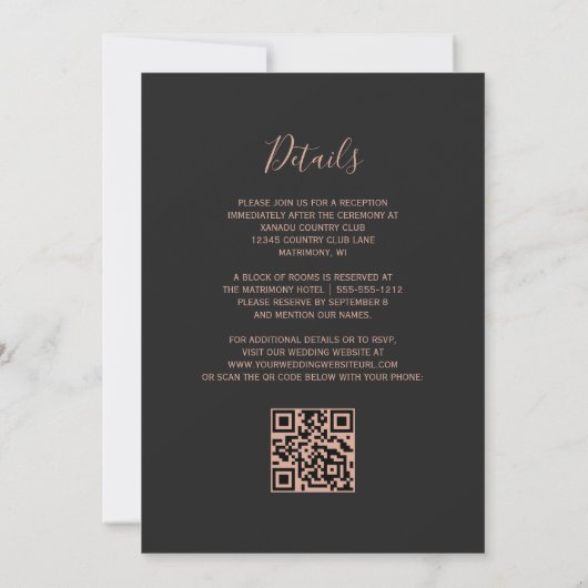 Blush Rose Gold Agate Dark QR Code Wedding Einladung (Rückseite)