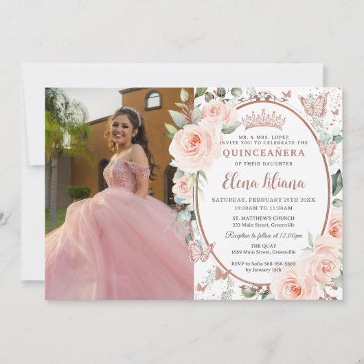 Blush Rose Gold Butterfliegen Quinceañera Einladung (Vorderseite)