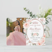 Blush Rose Gold Butterfliegen Quinceañera Save The Date (Stehend Vorderseite)