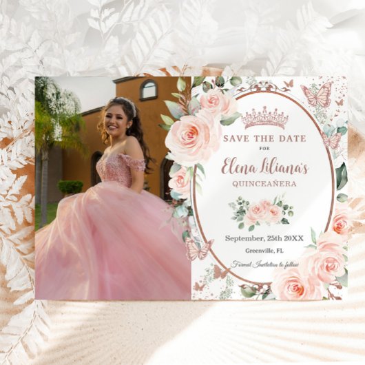 Blush Rose Gold Butterfliegen Quinceañera Save The Date