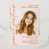 Blush Rose Gold Calligraphy Foto Sweet 16 Folieneinladung (Vorderseite)