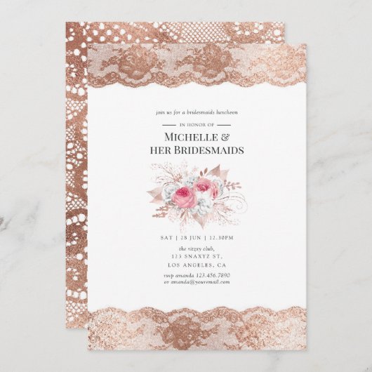 Blush & Rose Gold Floral & Lace Bridesmaid's Lunch Einladung (Vorne/Hinten)