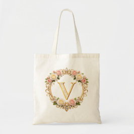 Blush Rose Gold Floral Monogram Letter V Wedding Tragetasche