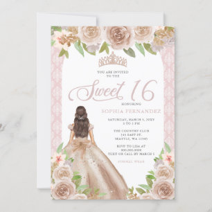 Blush Rose Gold Floral Prinzessin Tiara Sweet 16 Einladung