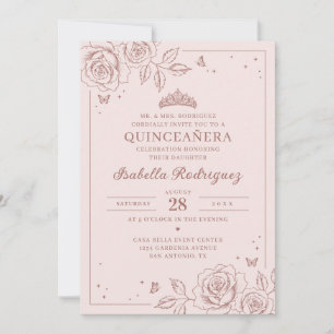 Blush Rose Gold Florale Quinceañera Einladung
