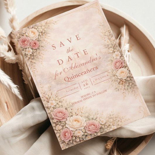 Blush Rose Gold Garden Quinceañera Save The Date